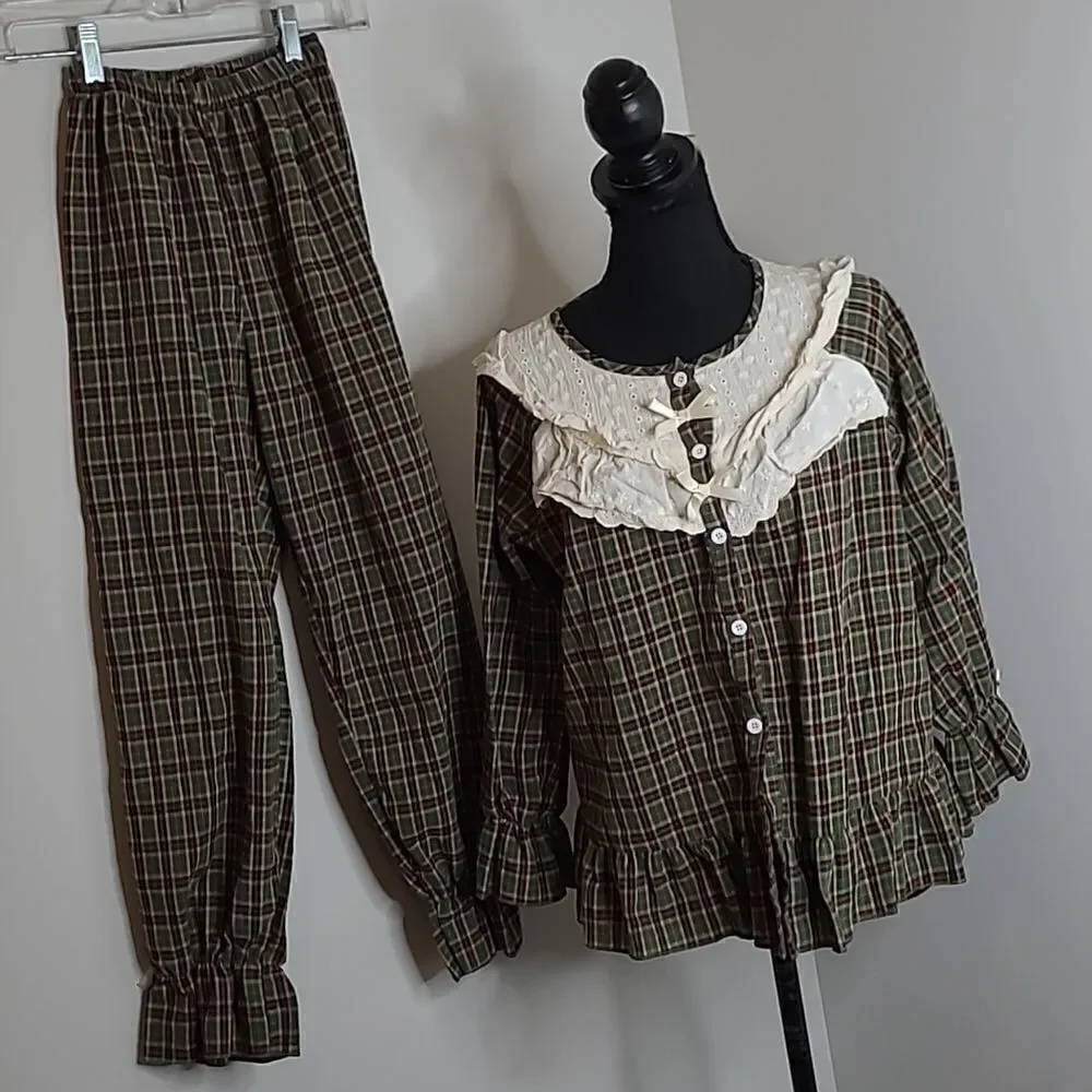 Xuan Vintage Inspired Cotton Plaid Pajama Set